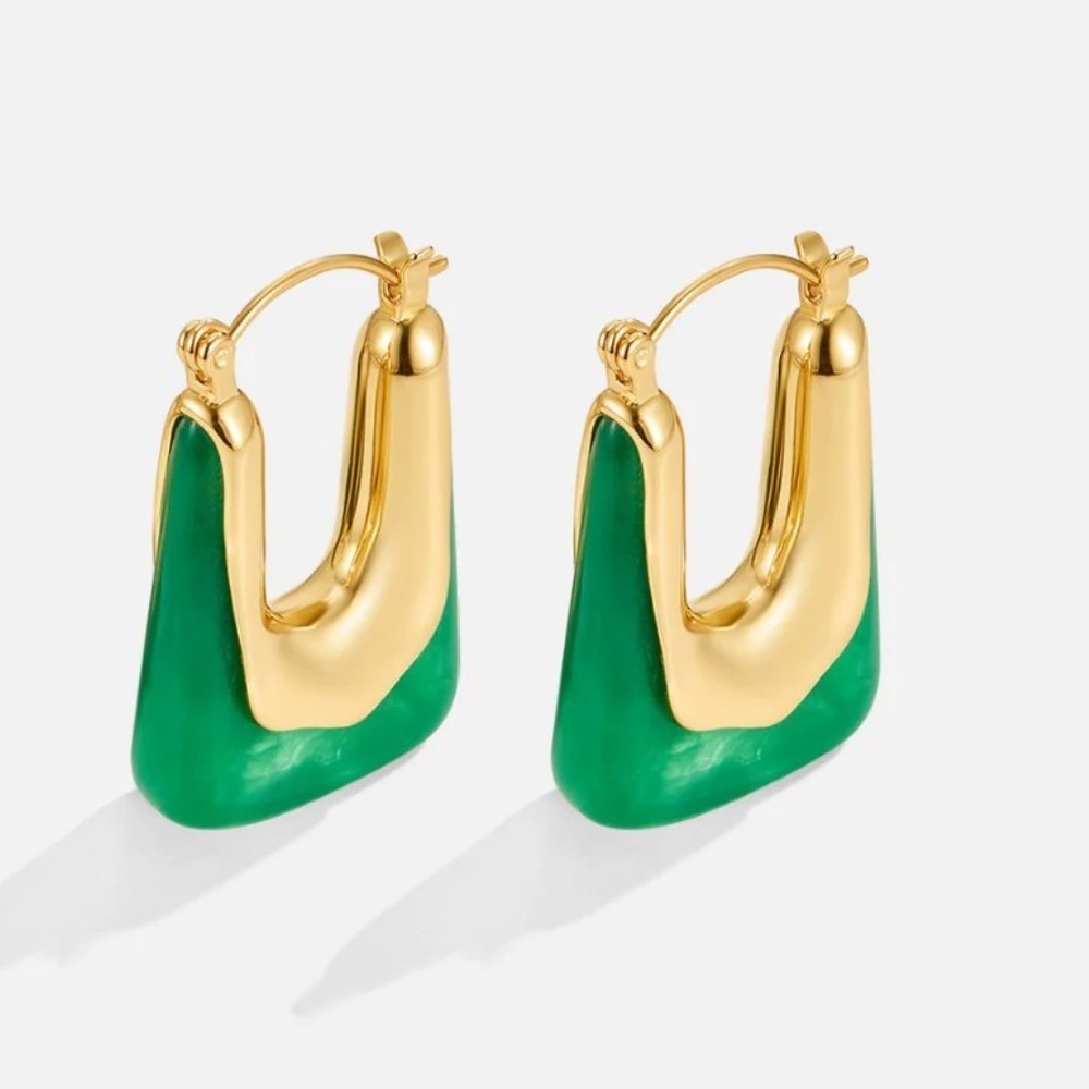 Esme Square Green Hoop Earrings